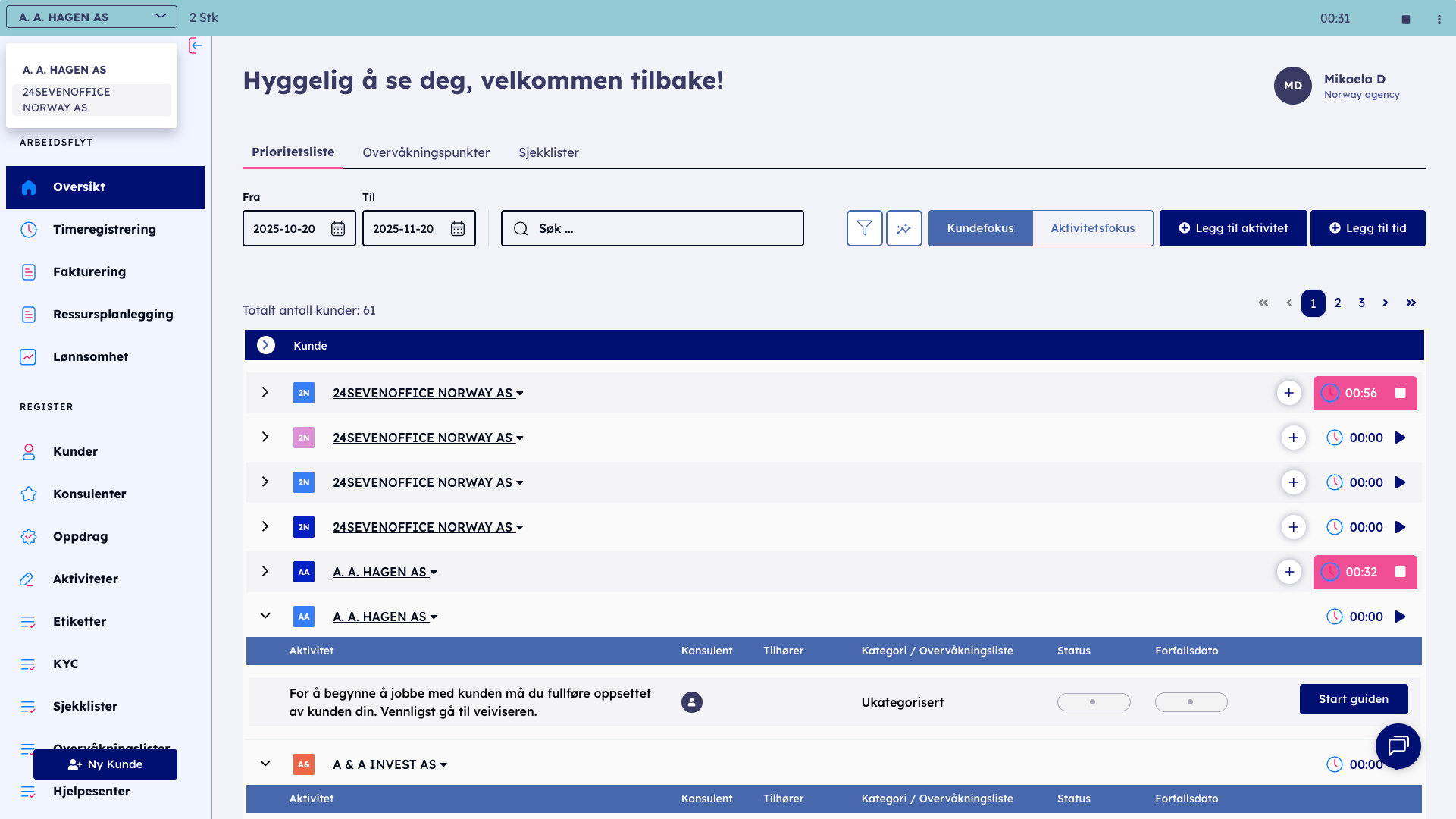 NO 24Control Tidredovisning Starta klocka
