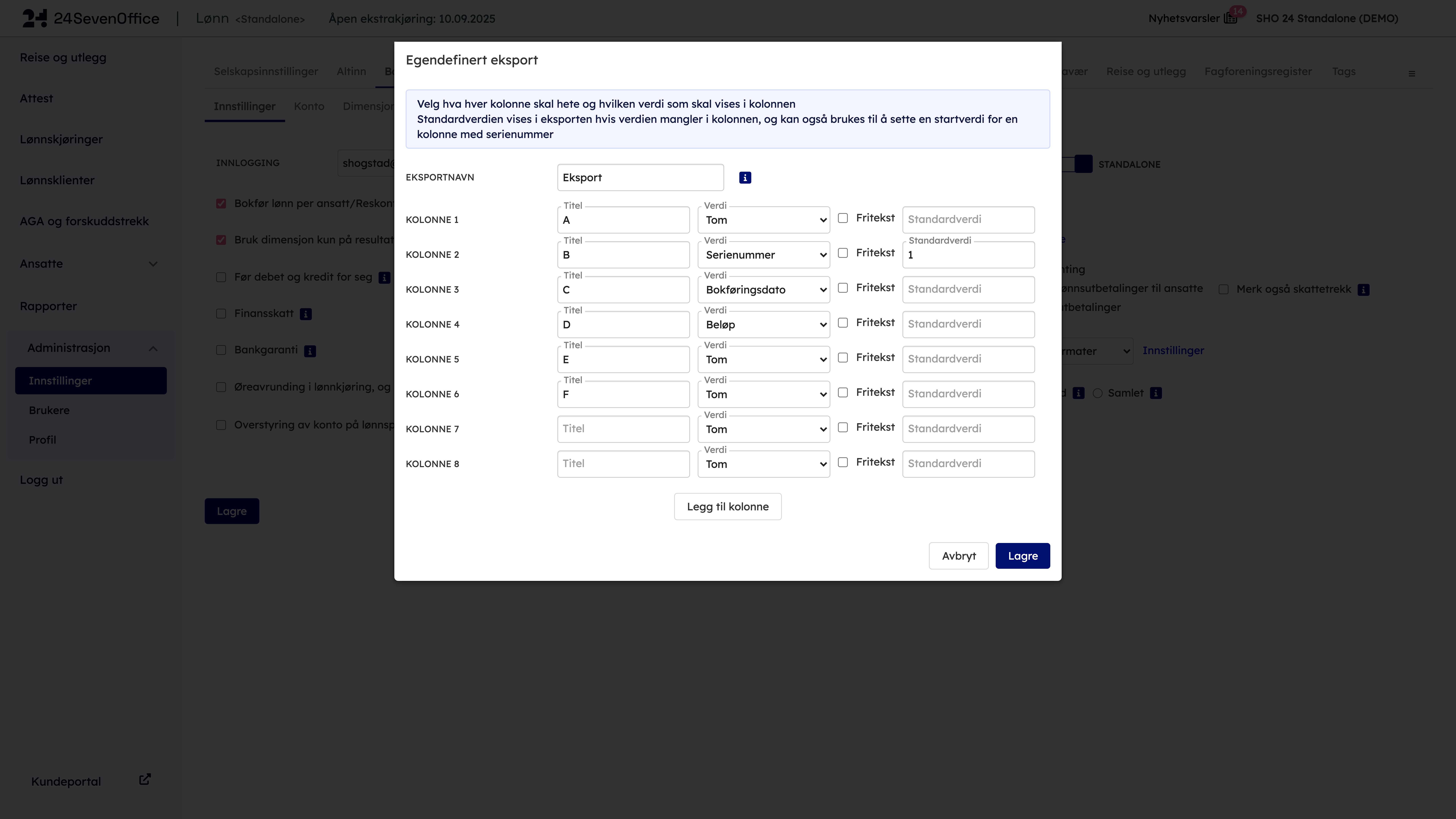 NO 24Payroll Egendefinert eksport