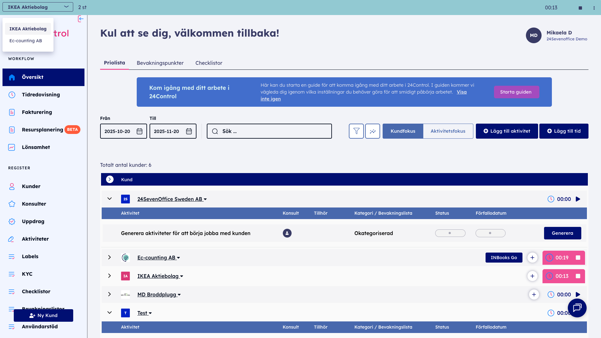 SE 24Control Tidredovisning Starta klocka