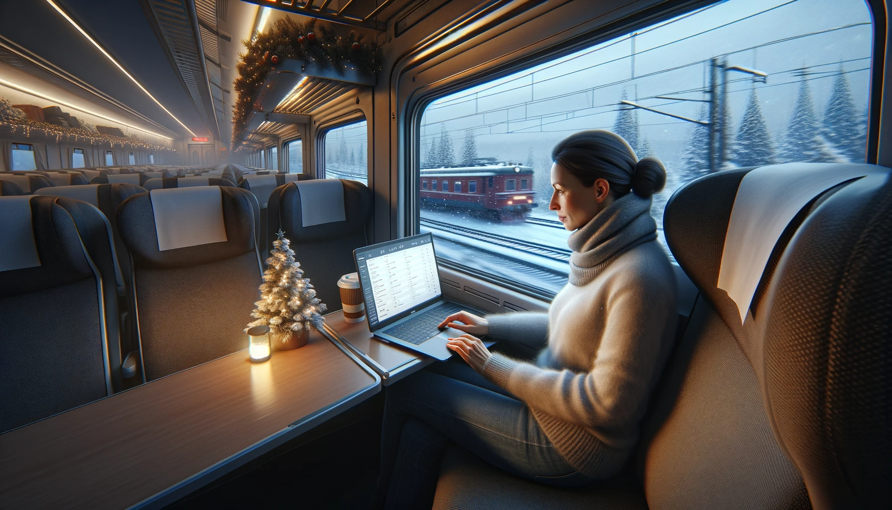 A realistic image of a person sitting on a train, heading home for the holidays. The scene shows a passenger, a middle-aged Caucasian woman, comfortab
